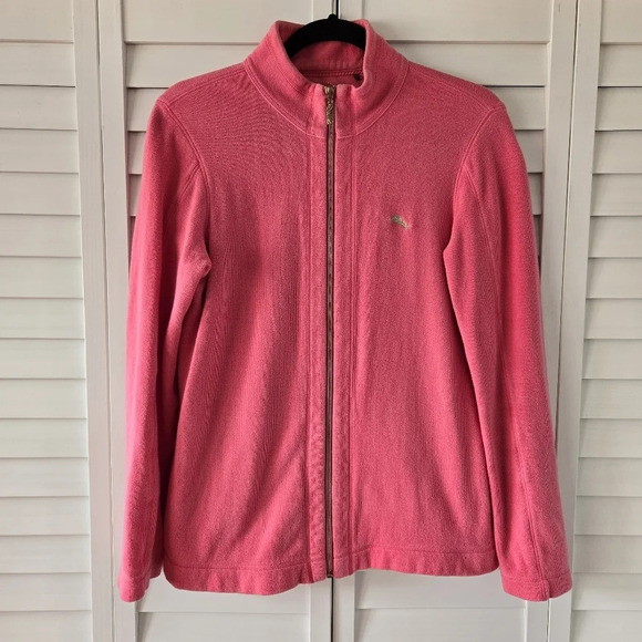 Tommy Bahama Pink Embroidered Back Full Zipped Mock Neck‎ Ribbed Sweater Size S - Picture 1 of 14
